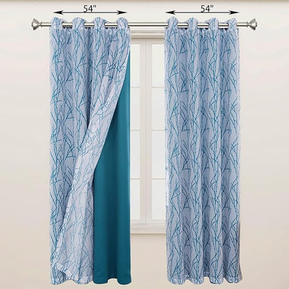 BONZER Mix and Match Curtains - 2 Pieces Branch Print Sheer Curtains and 2 Pieces Blackout Curtains for Bedroom Living Room Grommet Window Drapes, 54x108 Inch/Panel, Teal, Set of 4 Panels