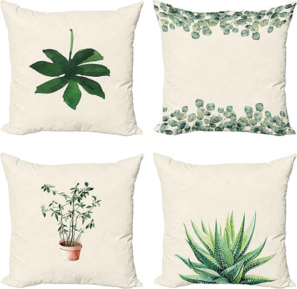 Ambesonne Botanical Throw Pillow Cushion Case Pack of 4, Minimalist Watercolor Painting Leaves Agave Branches Plant in a Pot, Modern Accent Double-Sided Digital Printing, 18", Green White Pale Rust