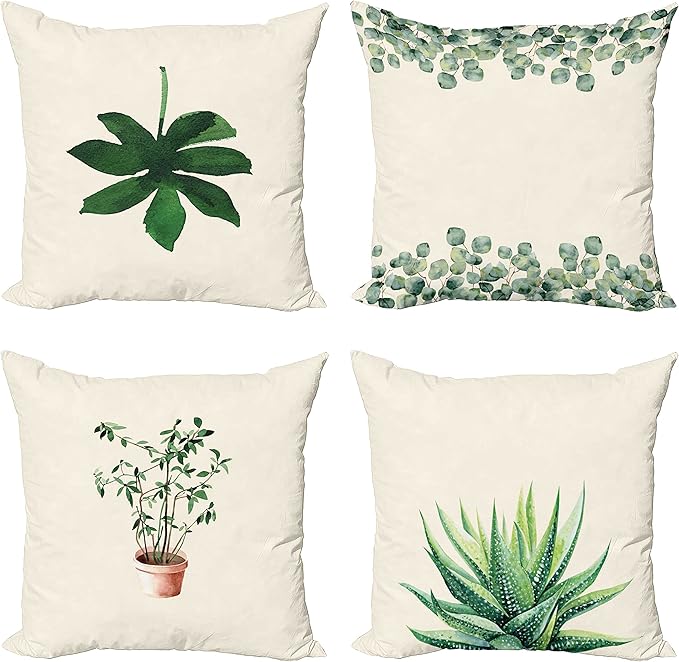 Ambesonne Botanical Throw Pillow Cushion Case Pack of 4, Minimalist Watercolor Painting Leaves Agave Branches Plant in a Pot, Modern Accent Double-Sided Digital Printing, 16", Green White Pale Rust
