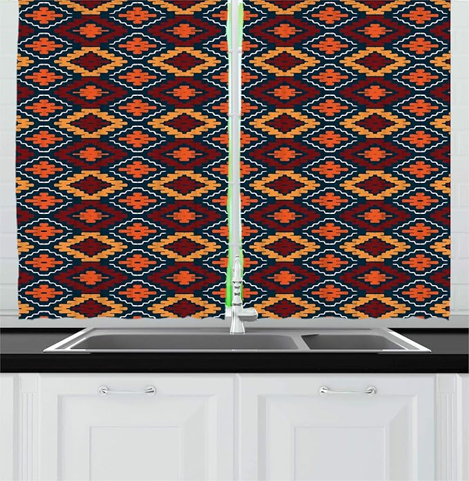 Lunarable Ethnic Kitchen Curtains, Tribal Motif Effect Mexican Folkloric Colorful Geometric Shapes, Window Drapes 2 Panel Set for Kitchen Cafe Decor, 55" X 39", Dark Teal Marigold and Ruby
