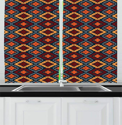 Lunarable Ethnic Kitchen Curtains, Tribal Motif Effect Mexican Folkloric Colorful Geometric Shapes, Window Drapes 2 Panel Set for Kitchen Cafe Decor, 55" X 39", Dark Teal Marigold and Ruby