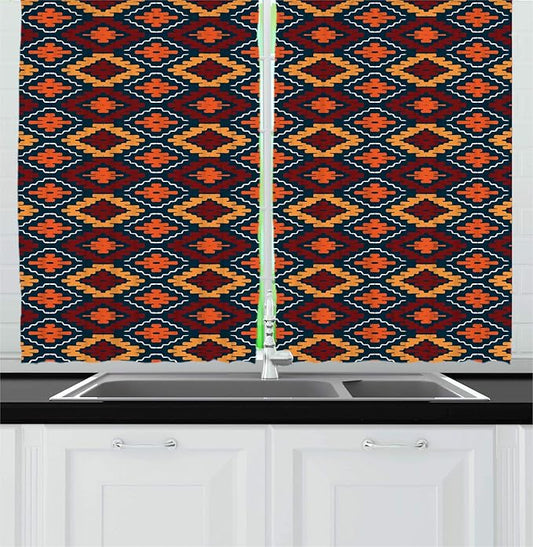 Lunarable Ethnic Kitchen Curtains, Tribal Motif Effect Mexican Folkloric Colorful Geometric Shapes, Window Drapes 2 Panel Set for Kitchen Cafe Decor, 55" X 39", Dark Teal Marigold and Ruby