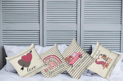 Ambesonne Romantic Throw Pillow Cushion Case Pack of 4, Love Hearts Arrow You and Me Be My Valentine Hugs Kisses Lettering Print, Modern Accent Double-Sided Digital Printing, 16", Ivory Taupe and Pink