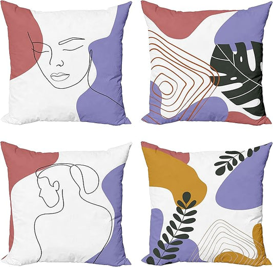 Ambesonne Minimal Throw Pillow Cushion Case Pack of 4, Modern Line Art Woman Portrait Contemporary Leafy Geometric Details, Modern Accent Double-Sided Digital Printing, 18", Lavender Amber Pale Rust
