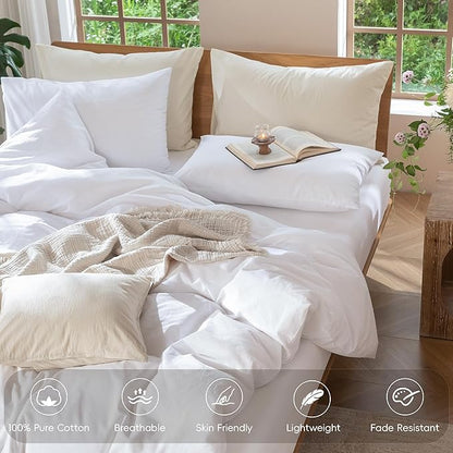 MooMee Bedding Duvet Cover Set 100% Washed Cotton Linen Like Textured Breathable Durable Soft Comfy (Solid Bright White, Cal King 104"x98")