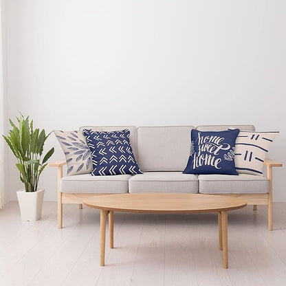 Ambesonne Modern Throw Pillow Cushion Case Pack of 4, Scandinavian Minimal Ornaments Boho Feather Leaves and Home Phrase Print, Modern Accent Double-Sided Digital Printing, 18", Pale Tan and Indigo