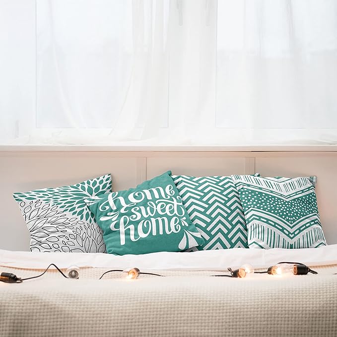 Ambesonne Geometric Throw Pillow Cushion Case Pack of 4, Home Phrase Minimal Zigzag Squama Dahlia Flower Petals Chevron Tribal, Modern Accent Double-Sided Digital Printing, 18", Dark Seafoam and White