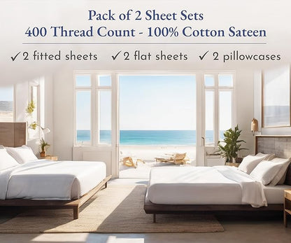 California Design Den 2-Pack Twin Sheets Set - 400 Thread Count 100% Cotton Sateen - Extra Soft, Breathable & Cooling Sheets, Wrinkle Resistant, 2 Sets of Deep Pocket Bed Sheets - Indigo Dusty Blue
