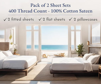 California Design Den 2-Pack Twin XL Sheet Sets 100% Cotton Sateen - 400 Thread Count - Extra Soft, Breathable & Cooling Sheets, Wrinkle Resistant, 2 Sets of Deep Pocket Bed Sheets - Antique White