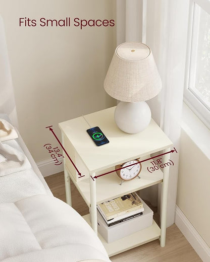 VASAGLE Side Table with Charging Station, 3-Tier End Table with USB Ports and Outlets, Nightstand for Living Room, Bedroom, 11.8 x 13.4 x 22.8 Inches, Plug-in Series, Cream White