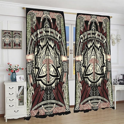 Viking Curtains Nordic Mythology Rune Weapon Antique Viking Pirate Crow Art Pattern Printed Curtains Bedroom Living Room Decoration Blackout Curtains W55 * L63 Inch