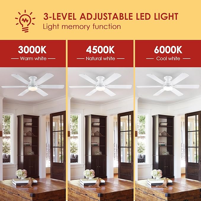 Ceiling Fans with Lights- 52" Low Profile Indoor Ceiling Fan with Light and Remote/APP Control, Flush Mount, 6 Blade, LED Dimmable DC Reversible Modern Ceiling Fan for Bedroom（White）