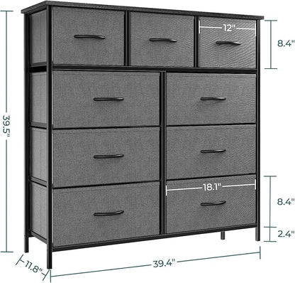 OLIXIS Dresser for Bedroom, 9 Storage Drawers, Wide Fabric Closet Chests Organizer Tower Furniture, TV Stand with Wooden Top Metal Frame for Clothes, Living Room, Hallway, Entryway, Classic Grey