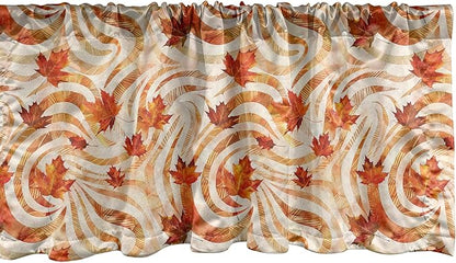 Ambesonne Fall Window Valance Pack of 2, Autumnal Theme with Swirly Intricate Shapes and Flying Leaves Print, Rod Pocket Curtain Valances for Kitchen Bedroom, 54" X 12", Ginger Marigold and Beige