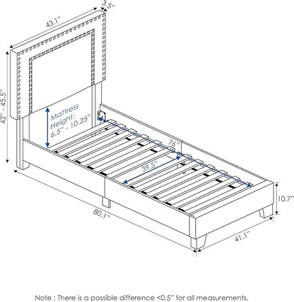 Furinno Laval Double Row Nail Head 12PC Slat Style Bed Frame, Twin, Linen