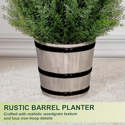 4FT Artificial Cedar Topiary Trees with Rustic Barrel Planter, Outdoor Indoor Realistic Faux Pine Shrubs Plants, Fake Cypress Trees for Home Offices Porch Decor, Set of 2