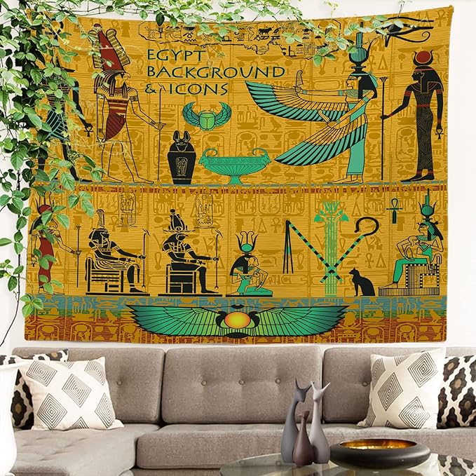 Batmerry Yellow Ancient Egyptian Tapestry, Horus Wall Art Hanging Decoration Polyester Fiber White Ruffled Around for Dorm Room Bedroom Living Room, 39.1x59.1 inches
