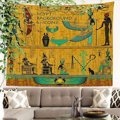 Batmerry Yellow Ancient Egyptian Tapestry, Horus Wall Art Hanging Decoration Polyester Fiber White Ruffled Around for Dorm Room Bedroom Living Room, 59.1x82.7 inches