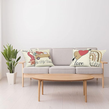 Ambesonne Romantic Throw Pillow Cushion Case Pack of 4, Love Hearts Arrow You and Me Be My Valentine Hugs Kisses Lettering, Modern Accent Double-Sided Digital Printing, 16", Ivory Camel and Dark Pink