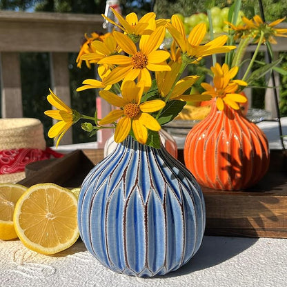 Iconic Scandi Baby Vases, Set of 3, Ribbed, Turquoise Blue, Ivory and Orange, Crackle Suffused, 4.25 Diameter x 4.25 Inches Tall, Modern Home Design, Centerpieces