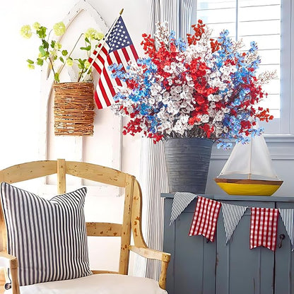 Uieke 30 Pcs 4th of July Artificial Flowers Fake Patriotic Babys Breath Flowers for Independence Day Decor Blue White Red Silk Flowers for Memorial Day Floral Arrangement Home Wedding