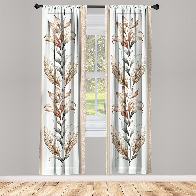 Ambesonne Vintage Window Curtains Pack of 2, Nostalgic and Botanical Concept Leaf Design with Antique Looking Motifs, Lightweight Set with Rod Pocket, 4 Panels of - 28" x 63", Ecru Pale Brown Green