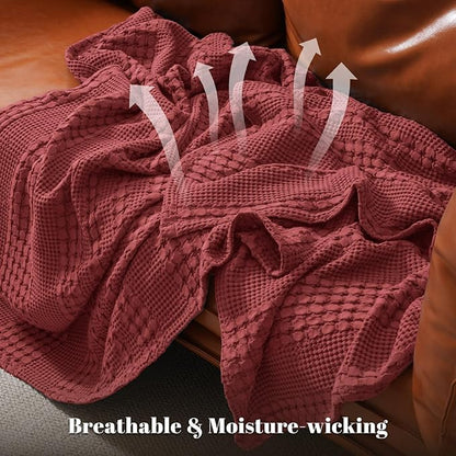 PHF 100% Cotton Waffle Weave Blanket King Size for Bed, Soft Lightweight & Breathable, All-Season Comfort, Luxury Aesthetic Woven Bedding for Home Decor, 108"x90", Wine Red