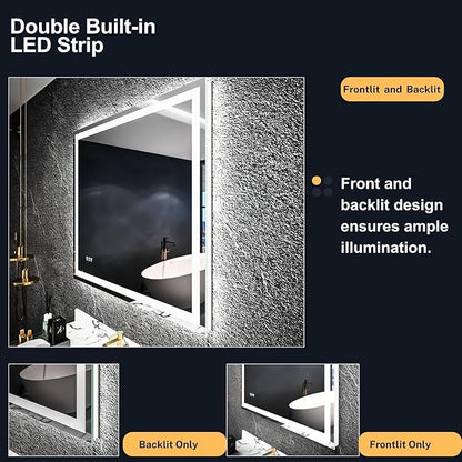 LED Bathroom Mirror 48"x 30", Front Lit and Backlit LED Mirror with Lights,Stepless Dimmable,Anti-Fog, Shatter-Proof, Memory, 3 Colors,LED Mirror for Bathroom .(Horizontal/Vertical)