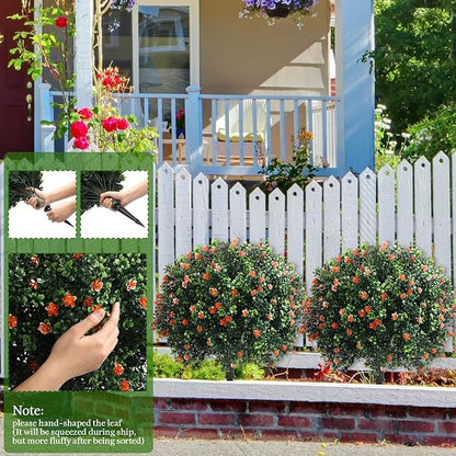 Yunlly Set of 2 Artificial Boxwood Topiary Ball Tree Fake Bushes Shrubs Outdoor Faux Plant with Ground Spike Flowers UV Resistance Greenery for Front Porch Garden Patio Indoor(Orange,27x18inch)