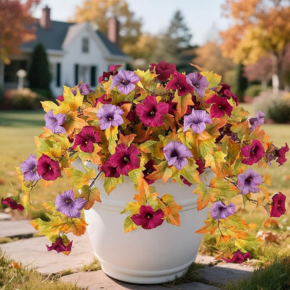 Artificial Fall Flowers Fake Petunias Plants for Outdoor Decoration, 2 Pcs Silk Faux Flowers UV Resistant No Fade Plants for Garden Balcony Yard Porch Realistic Indoor Decor (Burgundy Purple)