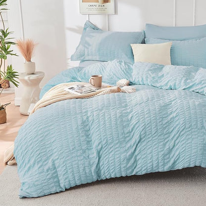 HYMOKEGE Lake Blue Full Size Comforter Sets Seersucker 7 Pieces, All Season Luxury Bed in a Bag for Bedroom, Bedding Set with Comforters, Sheets, Pillowcases & Shams