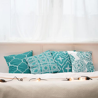 Ambesonne Vintage Throw Pillow Cushion Case Pack of 4, Monochrome Design Grid Trellis Quatrefoil Mesh and Dahlia Flowers Modern Print, Modern Accent Double-Sided Digital Printing, 20", Teal and White