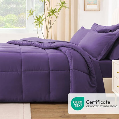 Love's cabin California King Comforter Set Dark Purple, 7 Pieces California King Bed in a Bag, All Season Bedding Sets with 1 Comforter, 1 Flat Sheet, 1 Fitted Sheet, 2 Pillowcase and 2 Pillow Sham