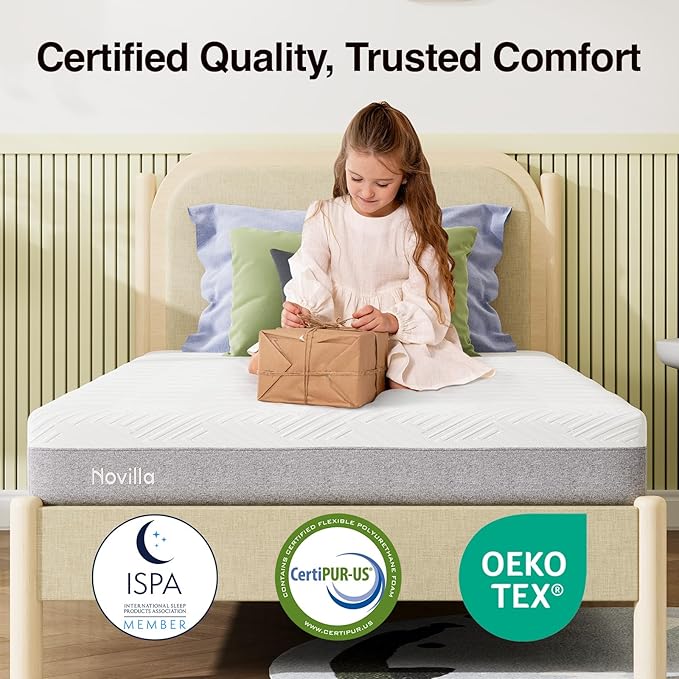Novilla Twin XL Mattress, Cooling Gel Memory Foam Mattress 8 inch for Pressure Relief, Enhanced Support & Plush Comfort, Grey & White