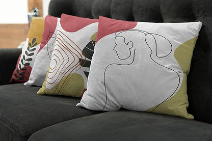 Ambesonne Minimal Throw Pillow Cushion Case Pack of 4, Modern Line Art Woman Portrait Contemporary Leafy Geometric Details, Modern Accent Double-Sided Digital Printing, 18", Olive Green and Dark Coral