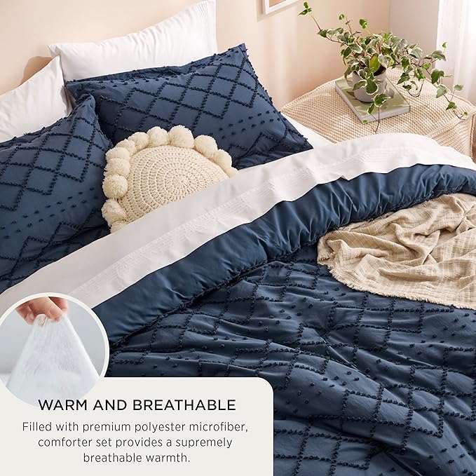 Bedsure California King Comforter Set - Navy Blue Comforter, Boho Tufted Shabby Chic Bedding for Kids, 3 Pieces Vintage Farmhouse Bed Set for All Seasons, Fluffy Soft Bedding with 2 Pillow Shams