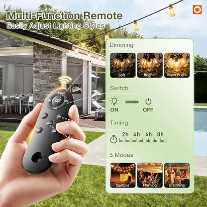 addlon 54(48+6) FT Solar String Lights Waterproof,Patio Lights Solar Powered with Remote& USB Port 24+2 LED Shatterproof Bulbs 3 Lighting Modes Outdoor Lights for Camping Backyard Garden
