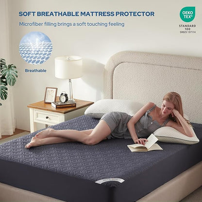 BEDLORE Waterproof Mattress Protector, Cal King Size Mattress Pad with Deep Pocket 6"-18" Depth, Soft Dirt-Proof Double Bed Mattress Cover for Bedroom, College Dorm, Hotel (Navy Blue)