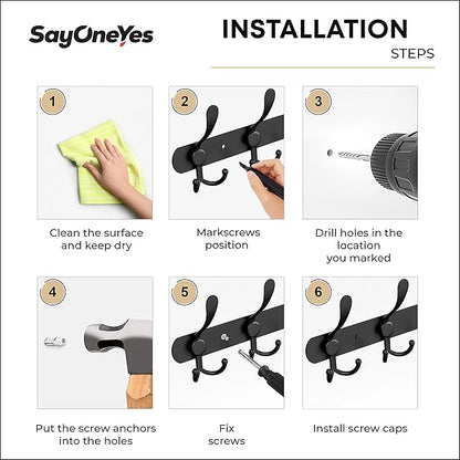 Coat Rack Wall Mount with 5 Tri Hooks, Stainless Steel 16 Inch – Black Matte Finish, Heavy Duty Wall Mounted Hook Rack for Coats, Hats, Towels, Scarfs, Robes, Bags, Entryway & Bathroom - 4 Pack
