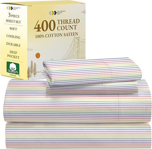 California Design Den Printed Twin XL Sheet Sets - 400 Thread Count Sateen, Natural 100% Cotton Sheets, Deep Pockets, Cooling and Durable Bedding Set - Rainbow Striped