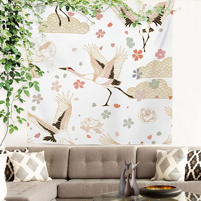 Batmerry White and Gold Japanese Tapestry,Rustic Wall Art Hanging Decoration Polyester Fiber White Ruffled Around for Dorm Room Bedroom Living Room, 59.1x59.1 inches