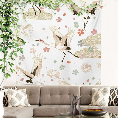 Batmerry White and Gold Japanese Tapestry,Rustic Wall Art Hanging Decoration Polyester Fiber White Ruffled Around for Dorm Room Bedroom Living Room, 59.1x59.1 inches