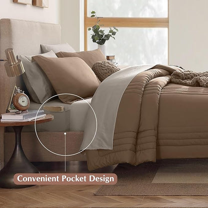 Monbix King Size Comforter Set - 7 Pieces Bed in a Bag King, Raw Umber Bedding Sets with Comforter, All Seasons Down Alternative Comforter Bed Set with Sheets, Pillowcases & Shams