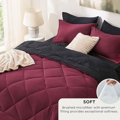 Bedsure Queen Comforter Set - 7 Pieces Reversible Burgundy and Black Bedding, Queen Size Bed Set for All Seasons, Bed in a Bag with Down Alternative Comforter, Sheets, Pillowcases & Shams