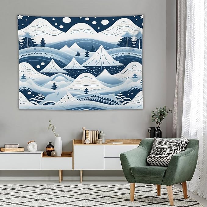 Snow Mountain Scandinavian Winter Tapestry As Wall Art Happy Winter Holiday Tapestry for Bedroom Aesthetic Landscape Tapestry Wall Hanging for Living Room Dorm 60"x80" Christmas Family Party