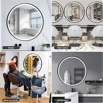 32 Inch Round Led Mirror, Bathroom Mirror with Lights, Black Metal Framed Frontlit Circle Mirrors for Wall with Anti-Fog, Memory Function, 3 Color Temperature, Dimmable Makeup Mirror