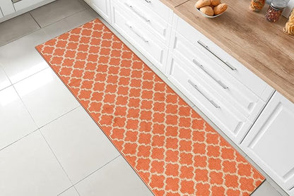 Custom Size Moroccan Trellis Runner Rug Mat for Wide Hallway Entryway Kitchen Laundry Room with Slip Resistant Latex Rubber Backing, Trellis Orange, 31 inch X 12 feet