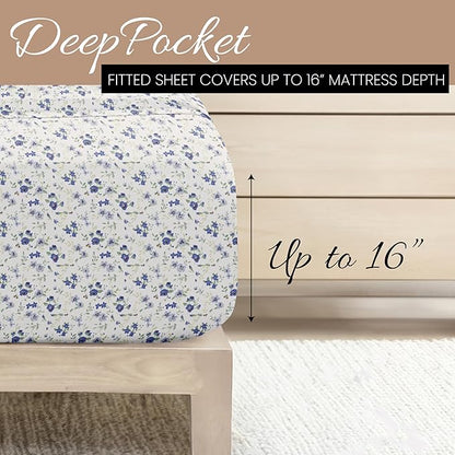 Linen Market Double-Brushed Patterned Microfiber Full Sheet Set 4 Piece – Oeko-TEX Certified Ultra Soft & Wrinkle-Free - 16" Deep Pocket Sheets - Easy Care Full Size - Blossoms Light Blue