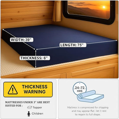 Foamma 6" x 39" x 75" Water Resistant Gel Memory Foam RV Bunk Mattress, Firm High Density Foam Base, Comfortable and Durable Polyester Cover, Truck, Camper, Travel Trailer, Made in USA!