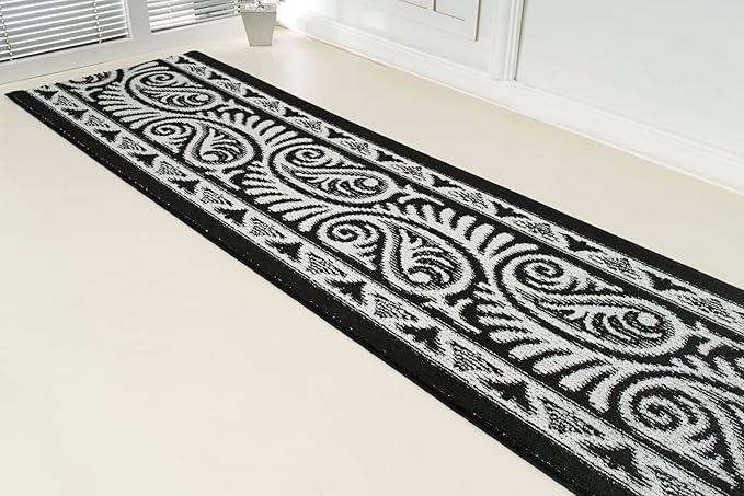 Custom Length Cut to Size Tribal Ethnic Southwestern Inspired Hallway Runner Rug, Non Slip Rubber Backed, 31 inch Wide X Customized Length, Mayan Black, 31 inch X 24 feet